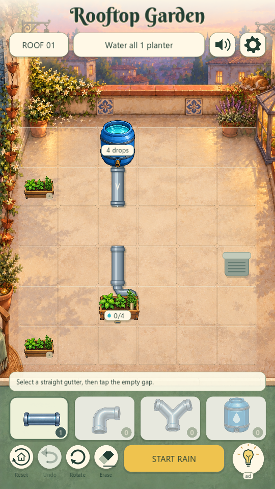 Rooftop Garden gameplay: a rain barrel, silver gutters, and small planters on a sunlit terrace overlooking the city.